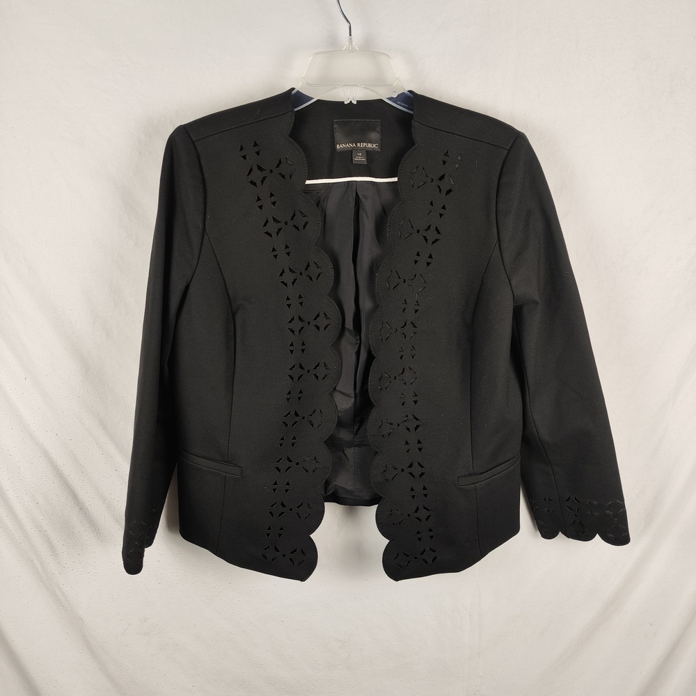 Banana Republic Blazer Womens 12 Black Laser Cut Lace Scallop Open Front Twill
